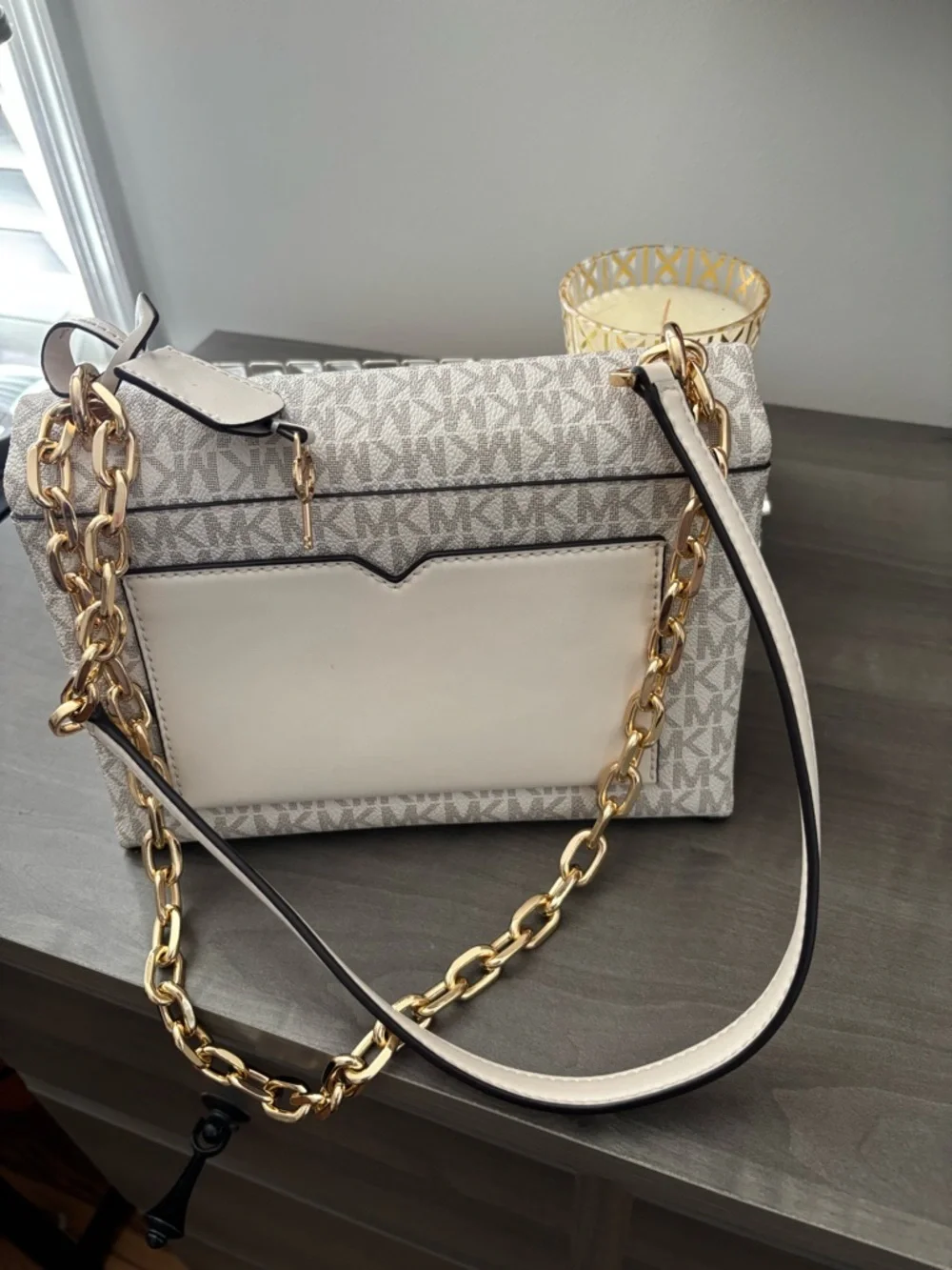 NWT Michael Kors Cream MK Logo Chain Medium Crossbody Bag - Picture 8 of 17